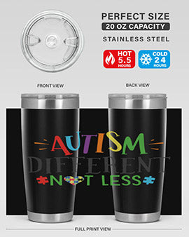 20oz and 30oz stainless steel tumblers featuring 'Autism Different Not Less' design, perfect for hot and cold beverages.