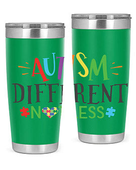 20oz and 30oz stainless steel tumblers featuring 'Autism Different Not Less' design, perfect for hot and cold beverages.