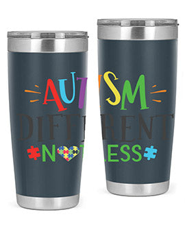 20oz and 30oz stainless steel tumblers featuring 'Autism Different Not Less' design, perfect for hot and cold beverages.