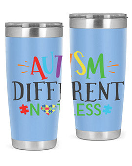 20oz and 30oz stainless steel tumblers featuring 'Autism Different Not Less' design, perfect for hot and cold beverages.
