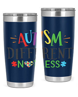 20oz and 30oz stainless steel tumblers featuring 'Autism Different Not Less' design, perfect for hot and cold beverages.