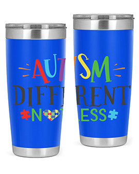 20oz and 30oz stainless steel tumblers featuring 'Autism Different Not Less' design, perfect for hot and cold beverages.
