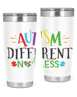 20oz and 30oz stainless steel tumblers featuring 'Autism Different Not Less' design, perfect for hot and cold beverages.