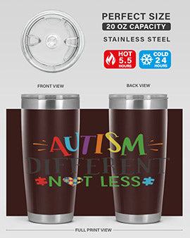 20oz and 30oz stainless steel tumblers featuring 'Autism Different Not Less' design, perfect for hot and cold beverages.