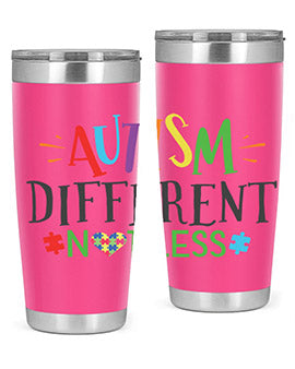 20oz and 30oz stainless steel tumblers featuring 'Autism Different Not Less' design, perfect for hot and cold beverages.