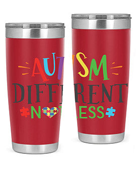 20oz and 30oz stainless steel tumblers featuring 'Autism Different Not Less' design, perfect for hot and cold beverages.