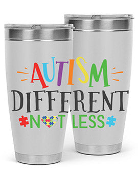 20oz and 30oz stainless steel tumblers featuring 'Autism Different Not Less' design, perfect for hot and cold beverages.