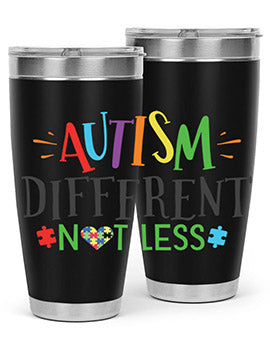 20oz and 30oz stainless steel tumblers featuring 'Autism Different Not Less' design, perfect for hot and cold beverages.