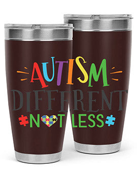 20oz and 30oz stainless steel tumblers featuring 'Autism Different Not Less' design, perfect for hot and cold beverages.
