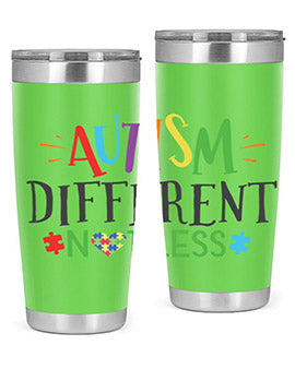20oz and 30oz stainless steel tumblers featuring 'Autism Different Not Less' design, perfect for hot and cold beverages.