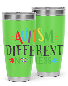 20oz and 30oz stainless steel tumblers featuring 'Autism Different Not Less' design, perfect for hot and cold beverages.