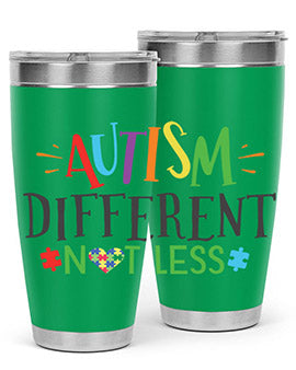 20oz and 30oz stainless steel tumblers featuring 'Autism Different Not Less' design, perfect for hot and cold beverages.