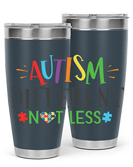 20oz and 30oz stainless steel tumblers featuring 'Autism Different Not Less' design, perfect for hot and cold beverages.