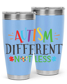 20oz and 30oz stainless steel tumblers featuring 'Autism Different Not Less' design, perfect for hot and cold beverages.