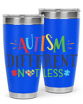 20oz and 30oz stainless steel tumblers featuring 'Autism Different Not Less' design, perfect for hot and cold beverages.