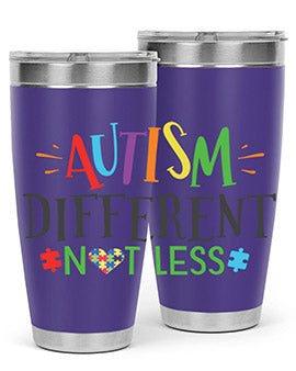 20oz and 30oz stainless steel tumblers featuring 'Autism Different Not Less' design, perfect for hot and cold beverages.