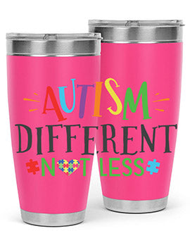 20oz and 30oz stainless steel tumblers featuring 'Autism Different Not Less' design, perfect for hot and cold beverages.