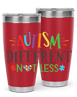 20oz and 30oz stainless steel tumblers featuring 'Autism Different Not Less' design, perfect for hot and cold beverages.