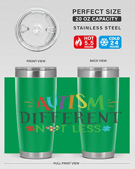 20oz and 30oz stainless steel tumblers featuring 'Autism Different Not Less' design, perfect for hot and cold beverages.