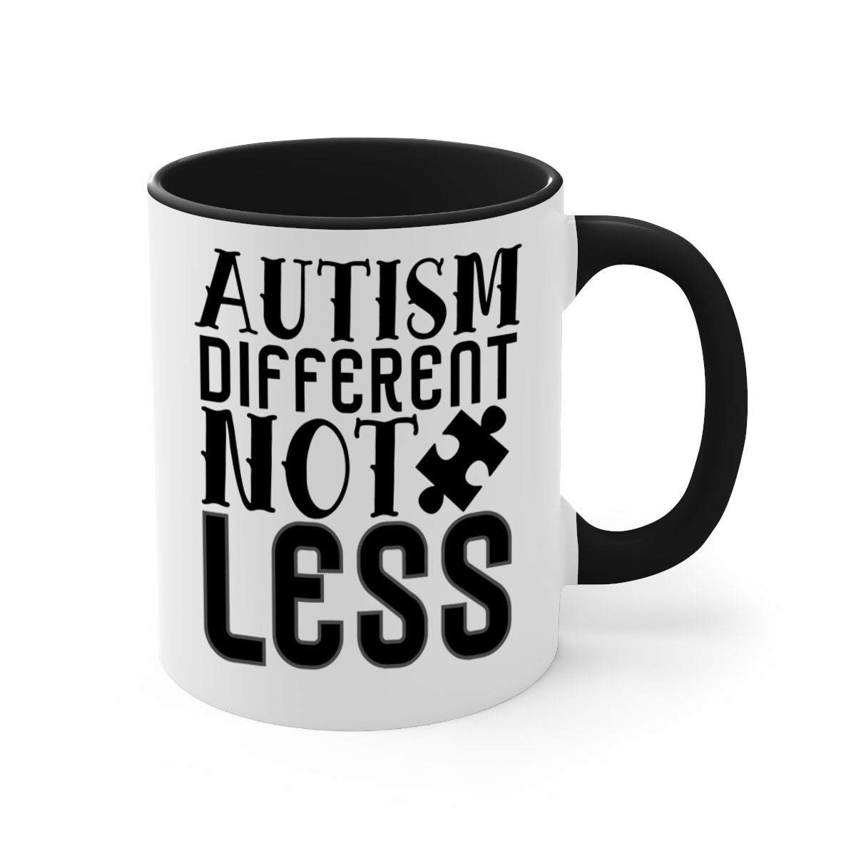 Autism different not less mug with colorful handle and interior, showcasing a glossy finish and available in multiple sizes.