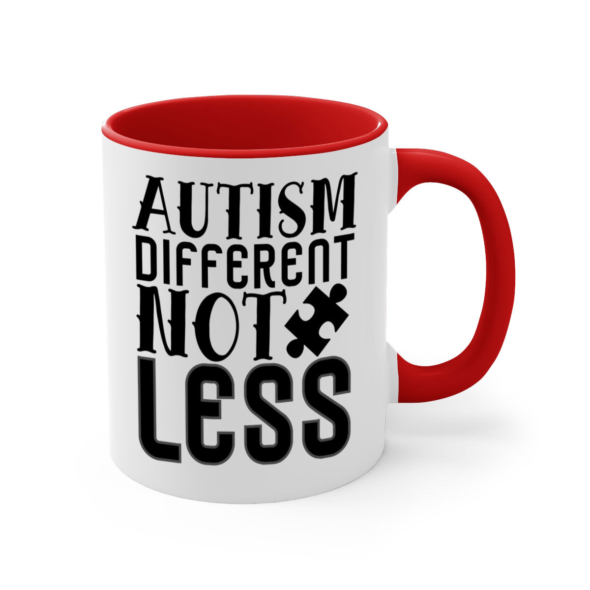 Autism different not less mug with colorful handle and interior, showcasing a glossy finish and available in multiple sizes.