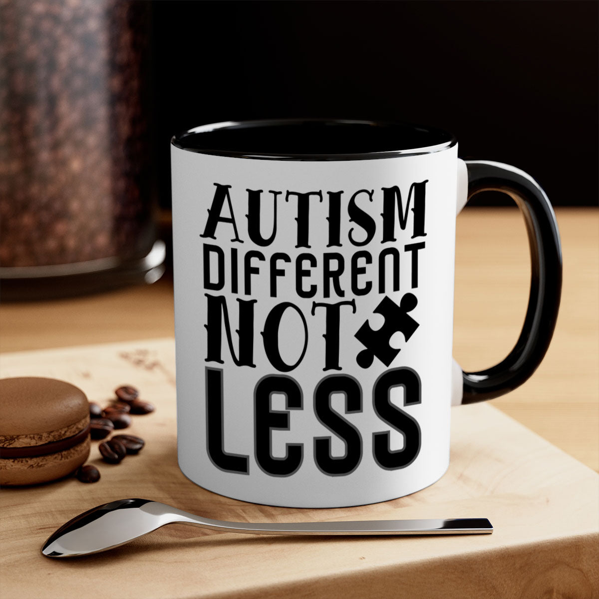 Autism different not less mug with colorful handle and interior, showcasing a glossy finish and available in multiple sizes.