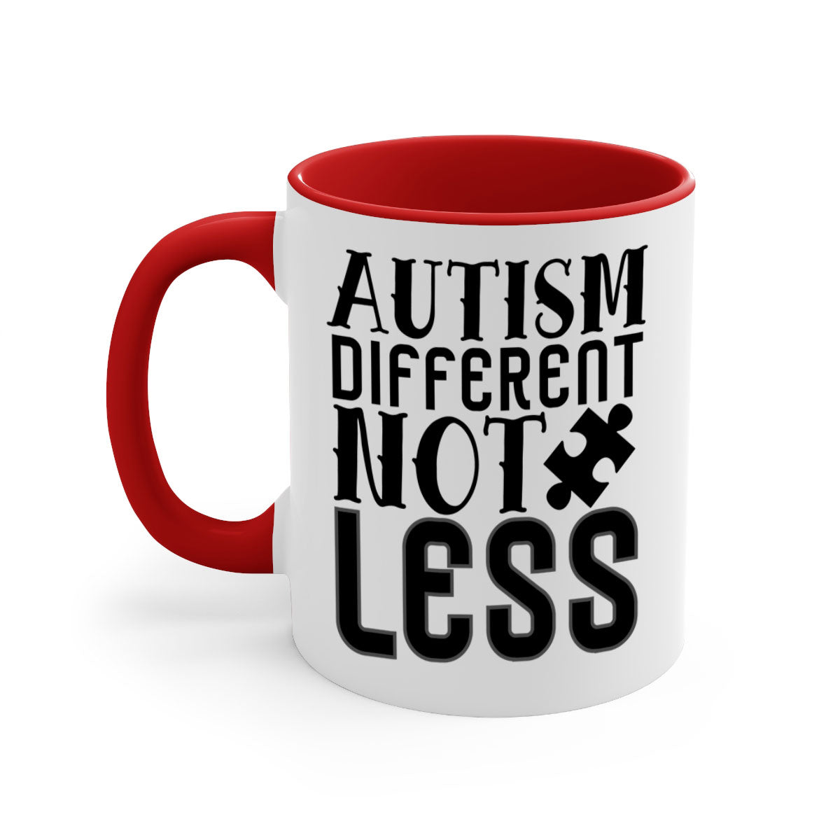 Autism different not less mug with colorful handle and interior, showcasing a glossy finish and available in multiple sizes.