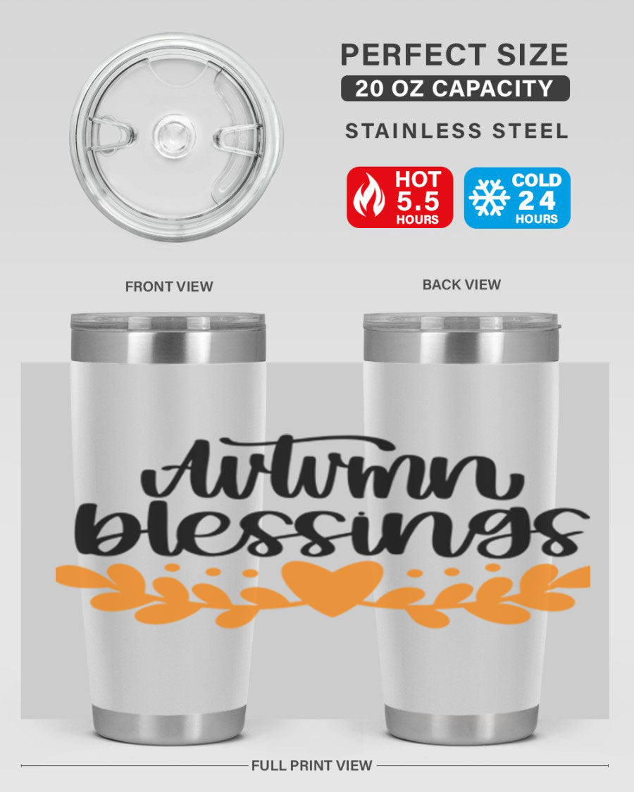 Autumn Blessings 472# 20oz tumbler featuring a double wall vacuum design, copper lining, and a drink-thru lid, perfect for hot and cold beverages.