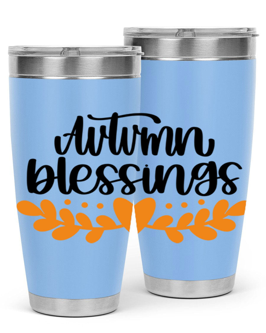 Autumn Blessings 472# 20oz tumbler featuring a double wall vacuum design, copper lining, and a drink-thru lid, perfect for hot and cold beverages.