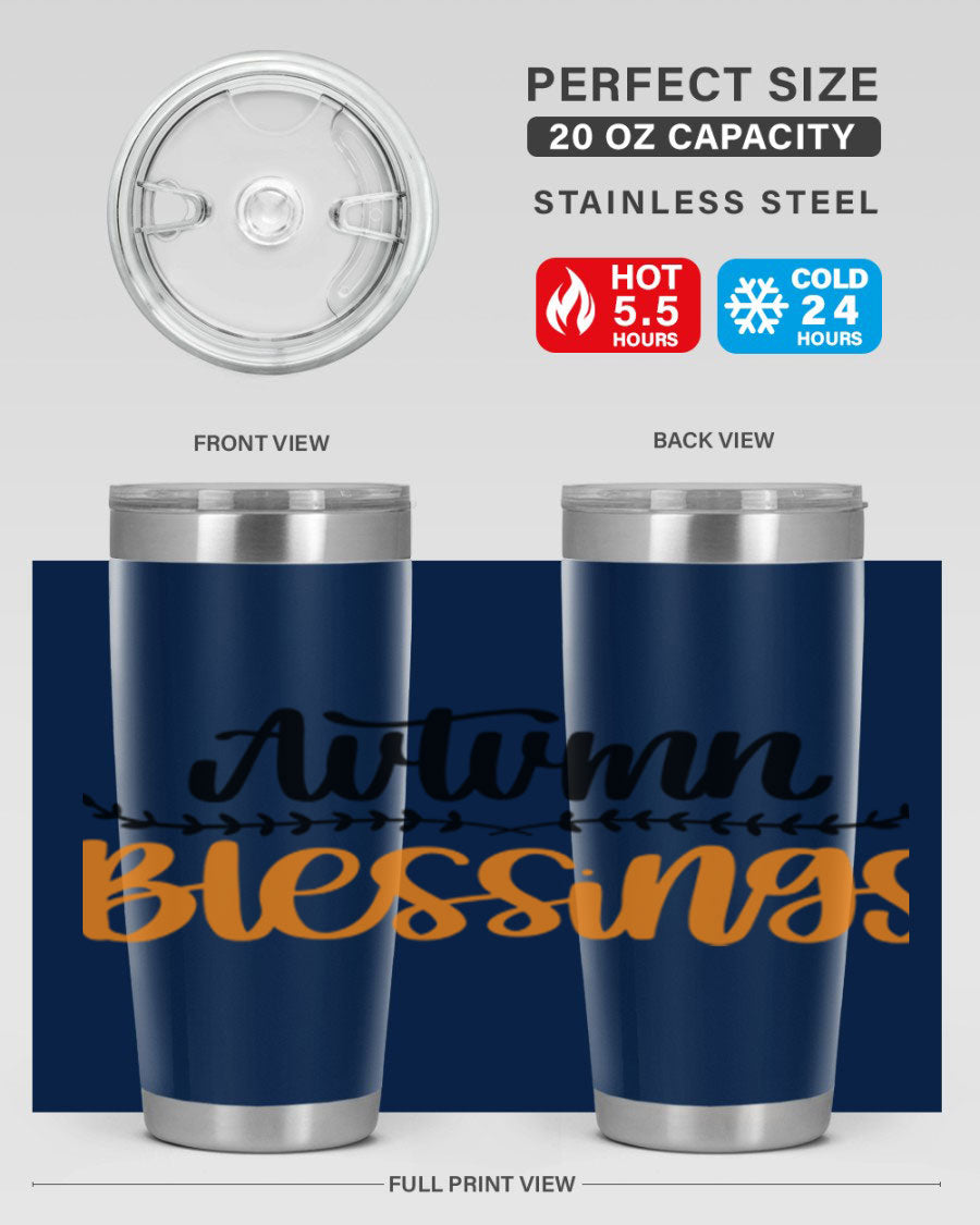 Autumn Blessings 20oz tumbler featuring a fall-themed design, made of double wall vacuum stainless steel with a copper lining.