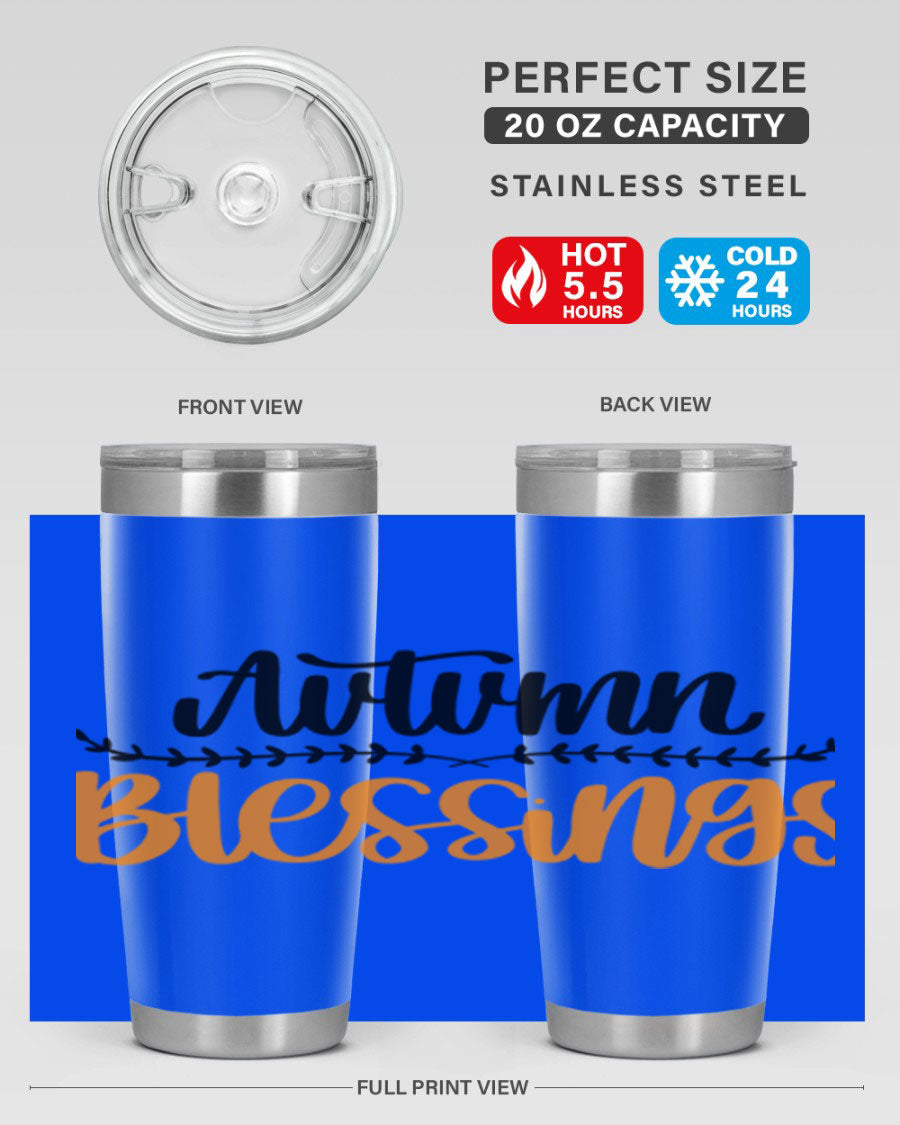 Autumn Blessings 20oz tumbler featuring a fall-themed design, made of double wall vacuum stainless steel with a copper lining.