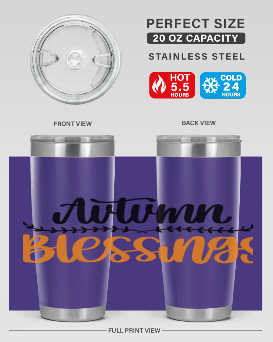 Autumn Blessings 20oz tumbler featuring a fall-themed design, made of double wall vacuum stainless steel with a copper lining.