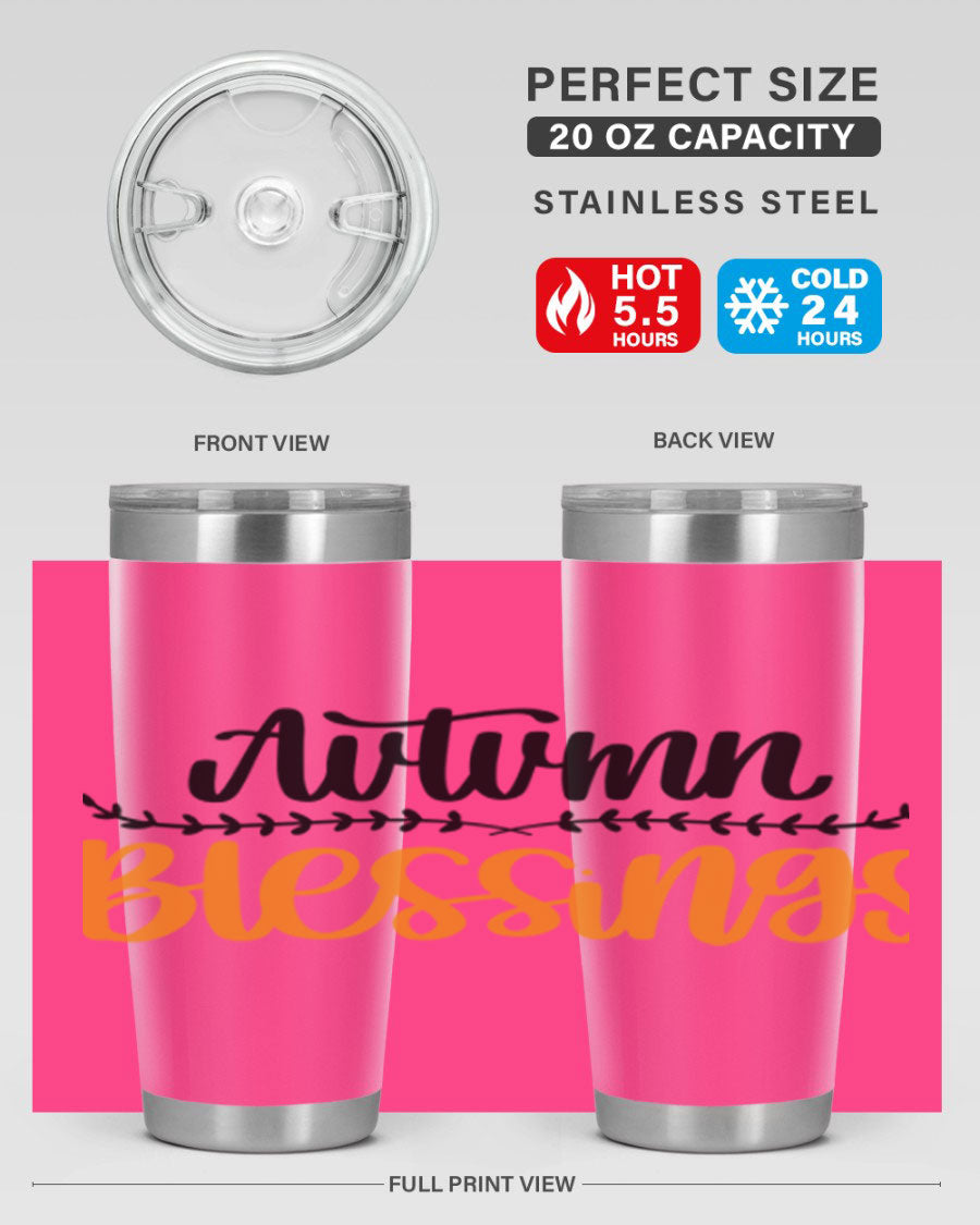 Autumn Blessings 20oz tumbler featuring a fall-themed design, made of double wall vacuum stainless steel with a copper lining.