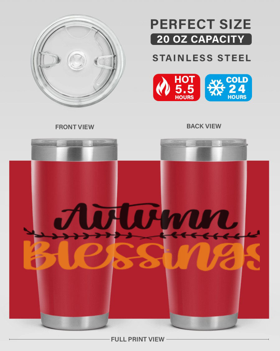 Autumn Blessings 20oz tumbler featuring a fall-themed design, made of double wall vacuum stainless steel with a copper lining.