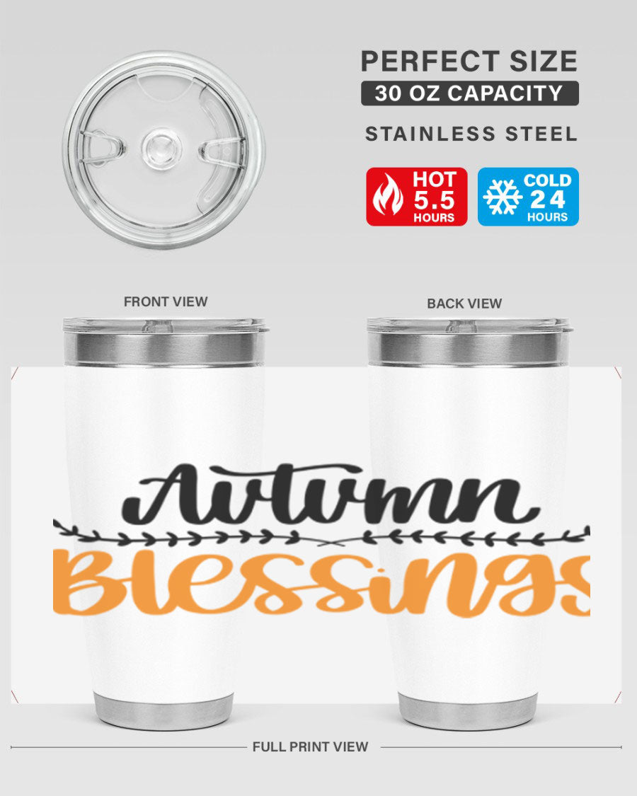 Autumn Blessings 20oz tumbler featuring a fall-themed design, made of double wall vacuum stainless steel with a copper lining.