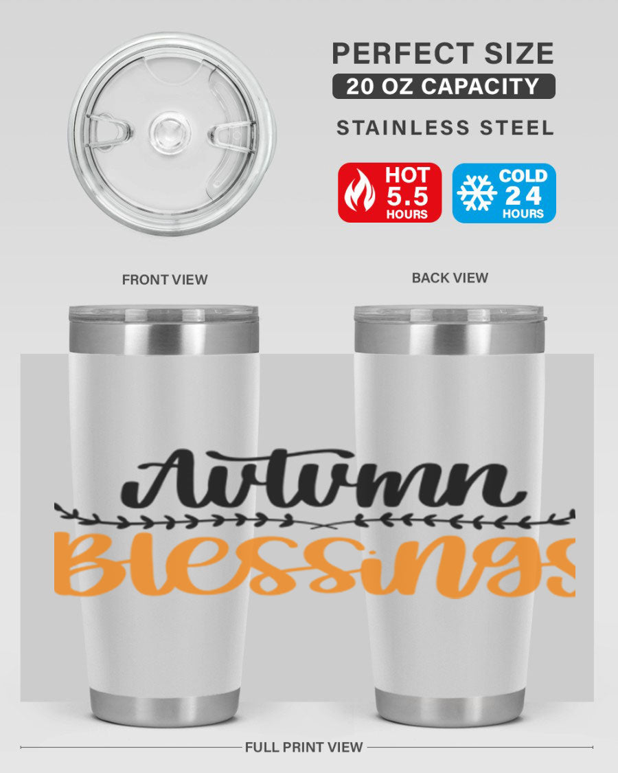 Autumn Blessings 20oz tumbler featuring a fall-themed design, made of double wall vacuum stainless steel with a copper lining.