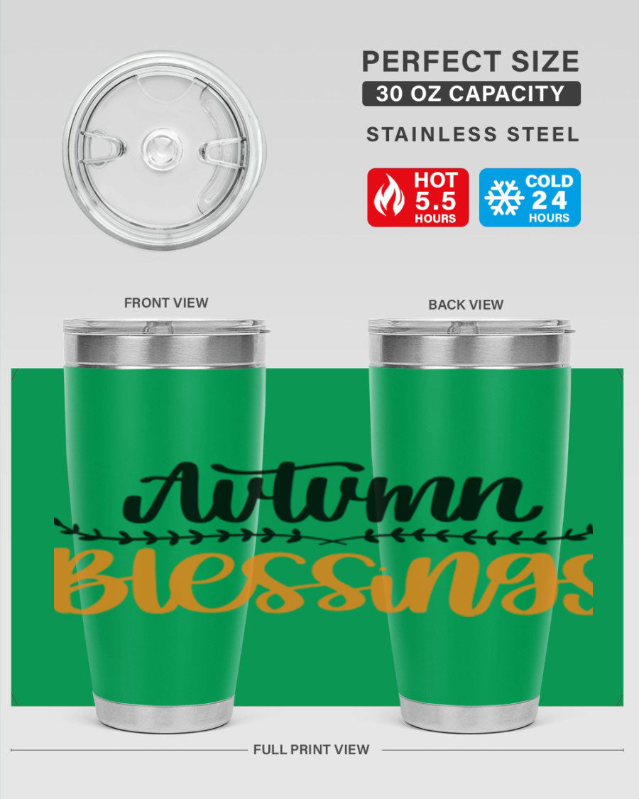 Autumn Blessings 20oz tumbler featuring a fall-themed design, made of double wall vacuum stainless steel with a copper lining.