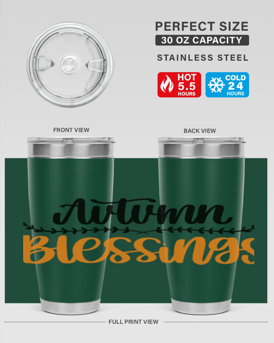 Autumn Blessings 20oz tumbler featuring a fall-themed design, made of double wall vacuum stainless steel with a copper lining.