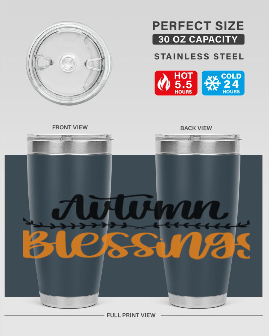 Autumn Blessings 20oz tumbler featuring a fall-themed design, made of double wall vacuum stainless steel with a copper lining.