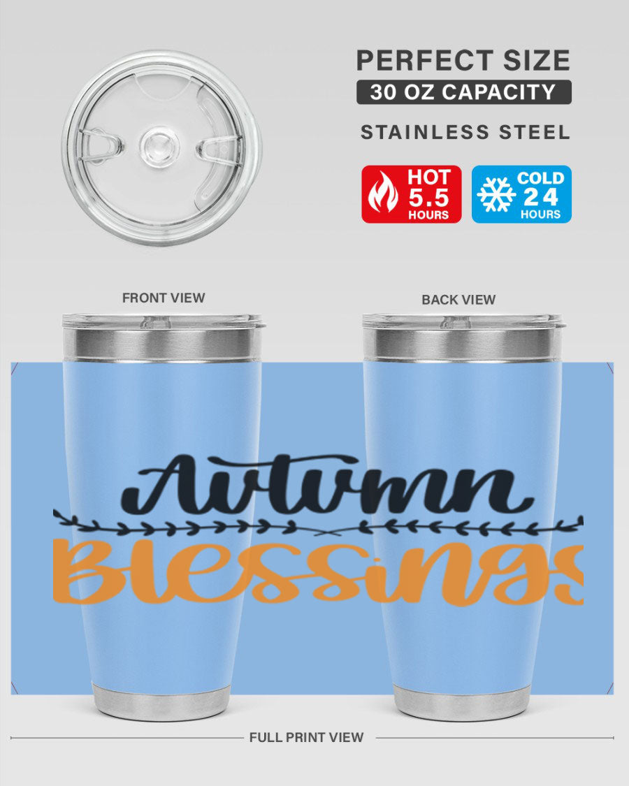 Autumn Blessings 20oz tumbler featuring a fall-themed design, made of double wall vacuum stainless steel with a copper lining.