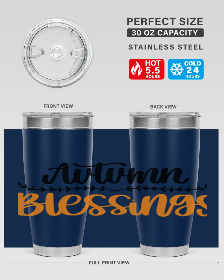 Autumn Blessings 20oz tumbler featuring a fall-themed design, made of double wall vacuum stainless steel with a copper lining.