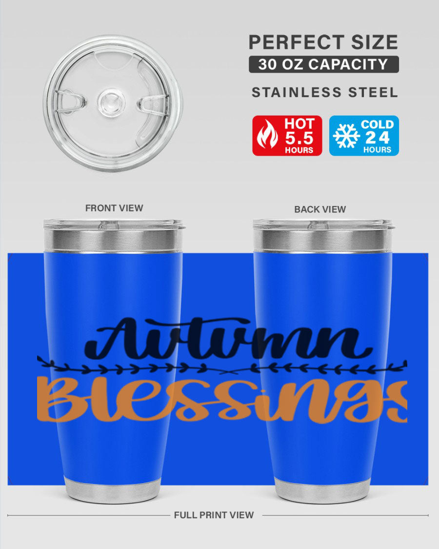 Autumn Blessings 20oz tumbler featuring a fall-themed design, made of double wall vacuum stainless steel with a copper lining.