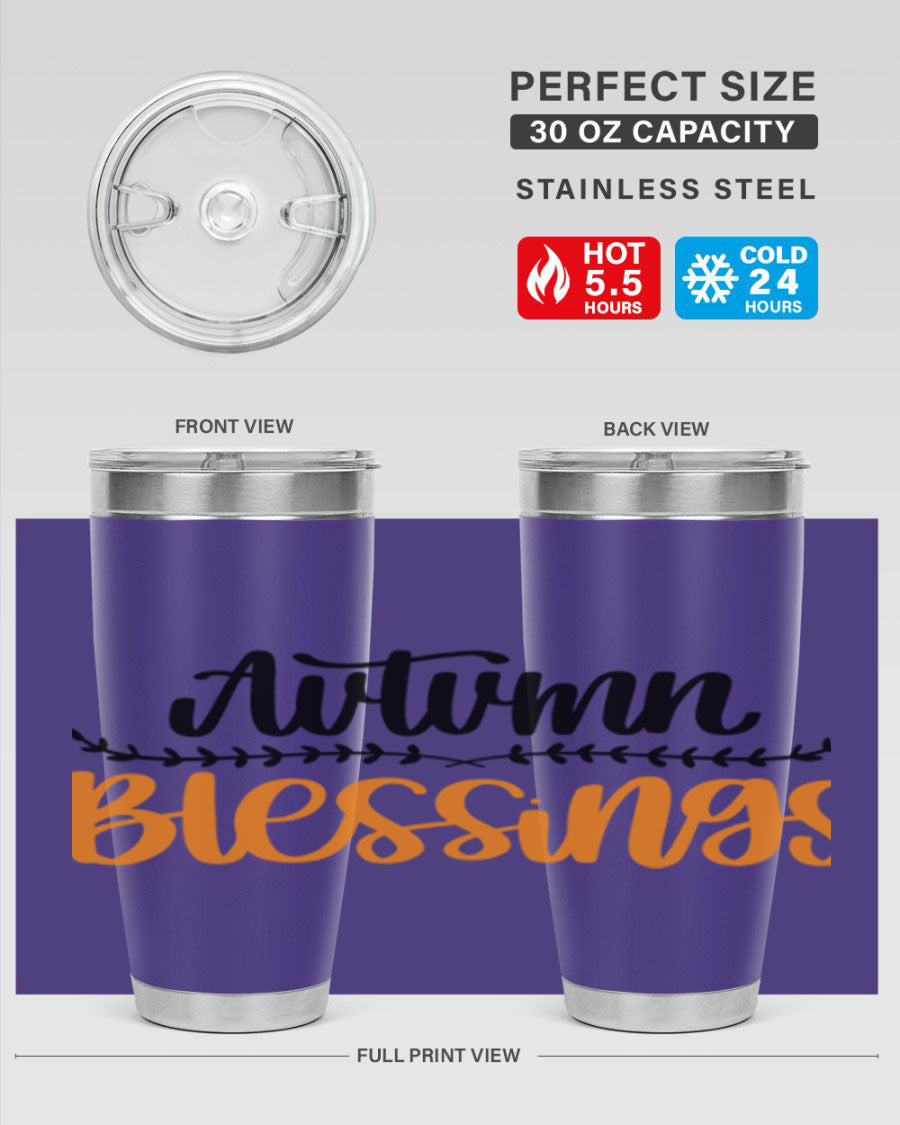 Autumn Blessings 20oz tumbler featuring a fall-themed design, made of double wall vacuum stainless steel with a copper lining.