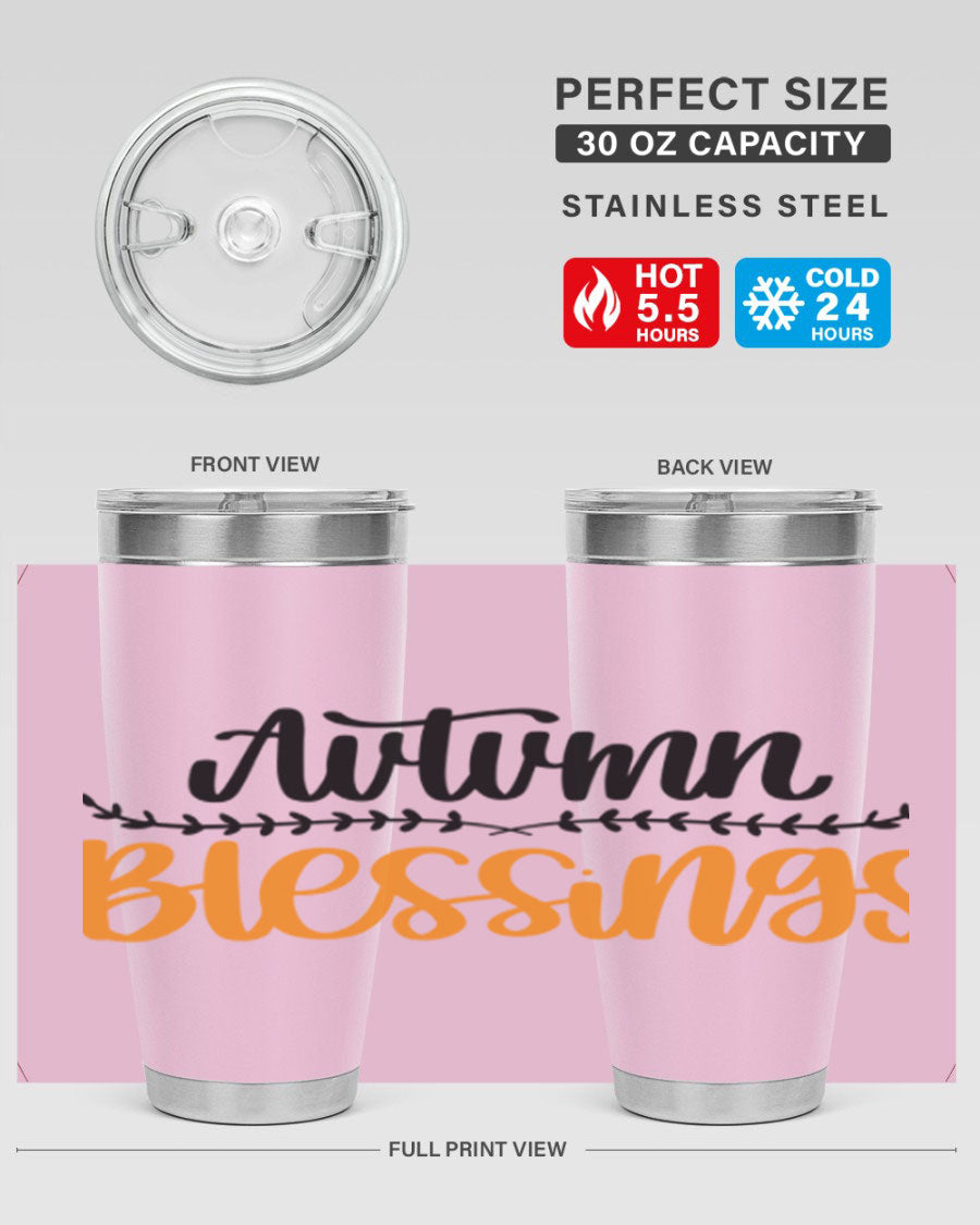 Autumn Blessings 20oz tumbler featuring a fall-themed design, made of double wall vacuum stainless steel with a copper lining.