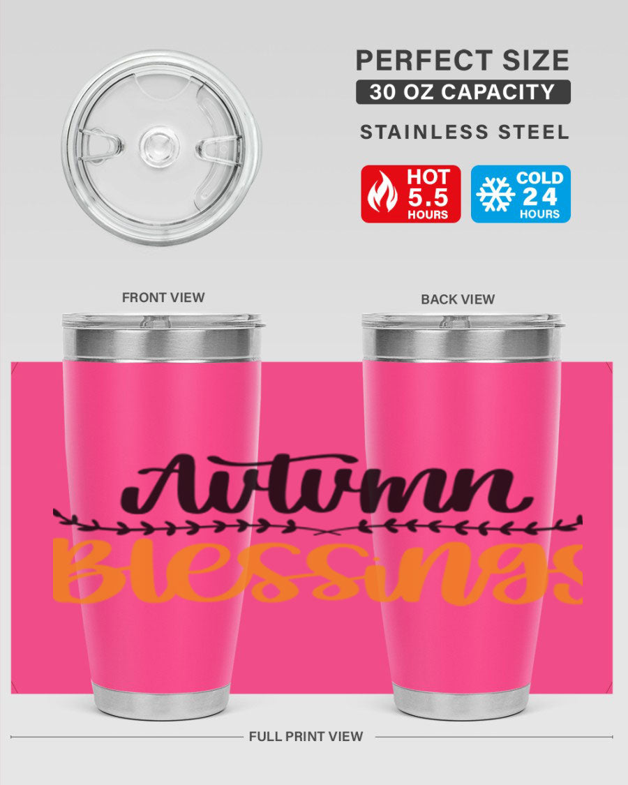 Autumn Blessings 20oz tumbler featuring a fall-themed design, made of double wall vacuum stainless steel with a copper lining.