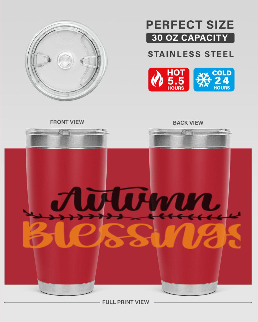 Autumn Blessings 20oz tumbler featuring a fall-themed design, made of double wall vacuum stainless steel with a copper lining.