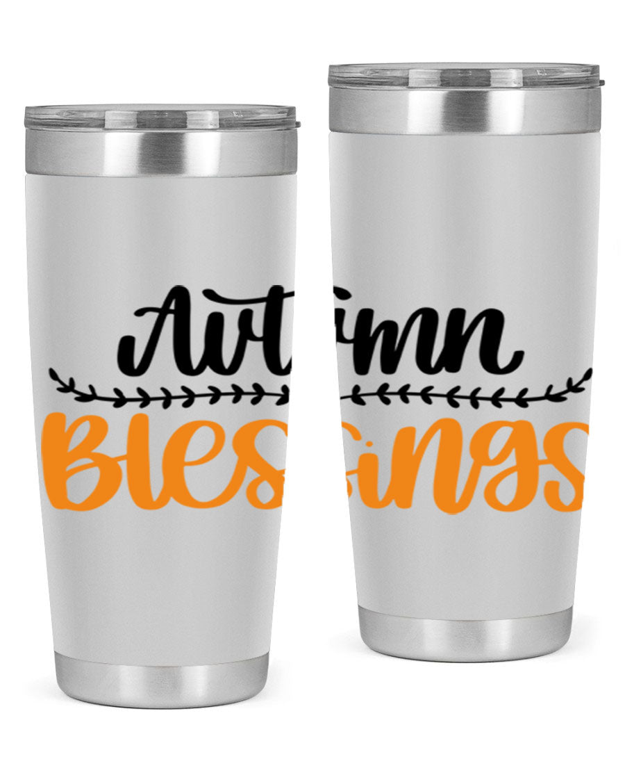 Autumn Blessings 20oz tumbler featuring a fall-themed design, made of double wall vacuum stainless steel with a copper lining.