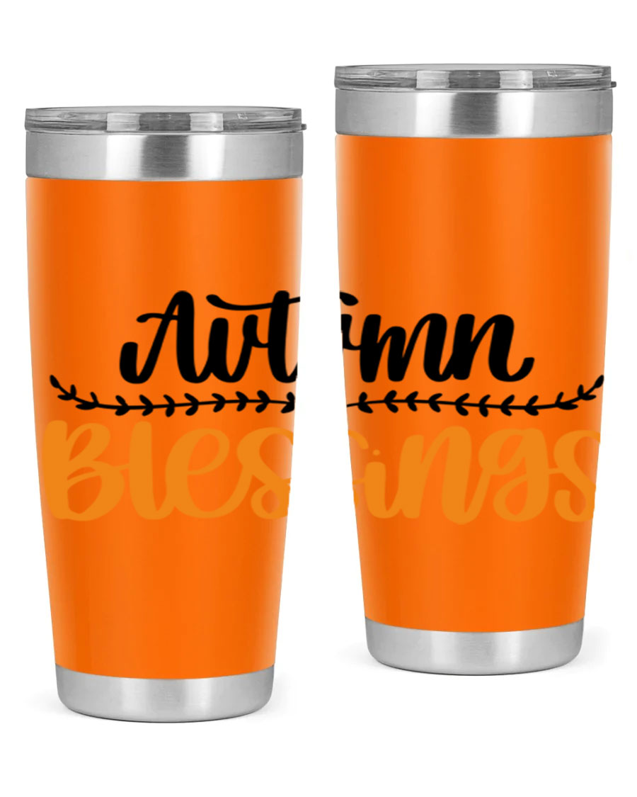 Autumn Blessings 20oz tumbler featuring a fall-themed design, made of double wall vacuum stainless steel with a copper lining.