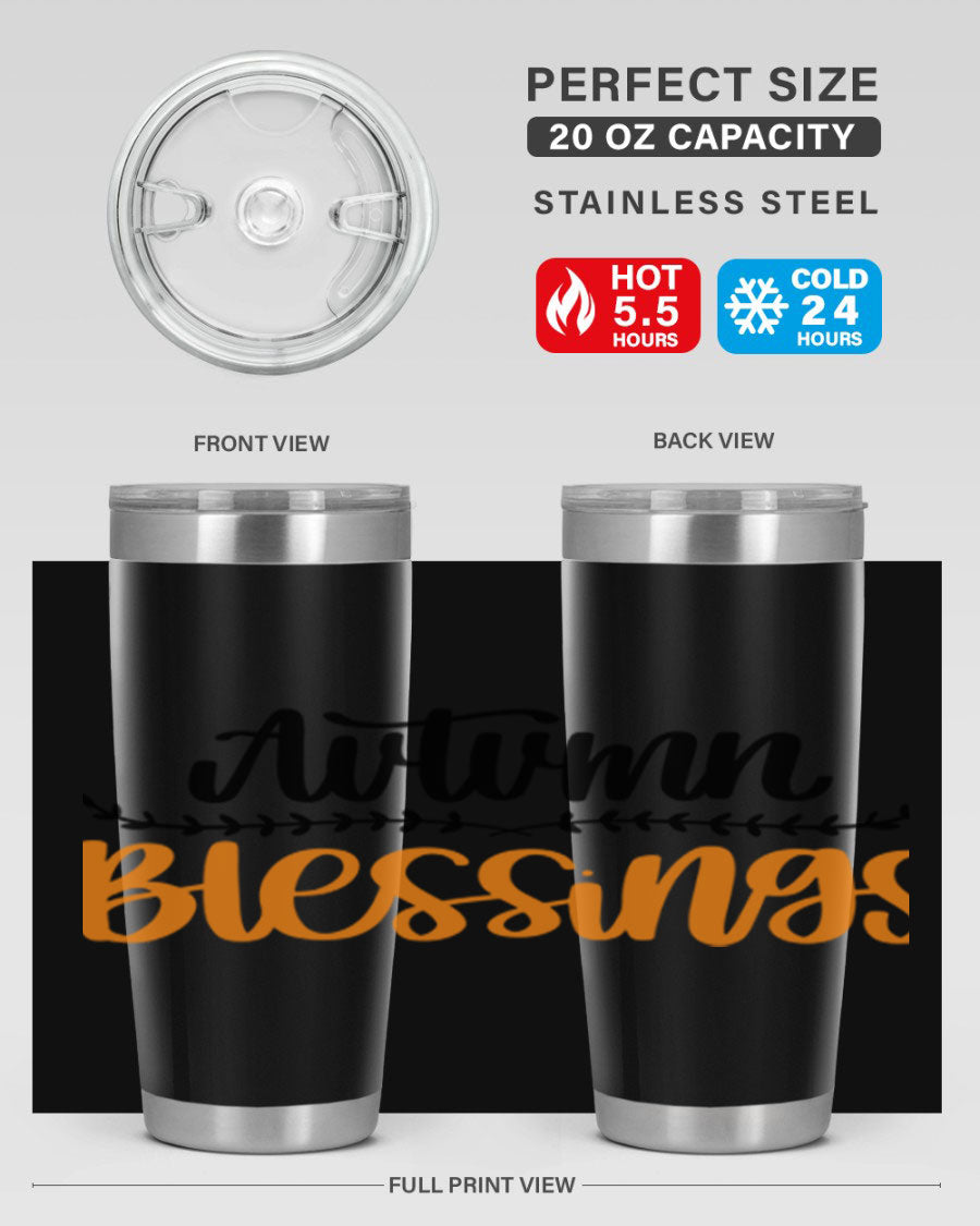 Autumn Blessings 20oz tumbler featuring a fall-themed design, made of double wall vacuum stainless steel with a copper lining.