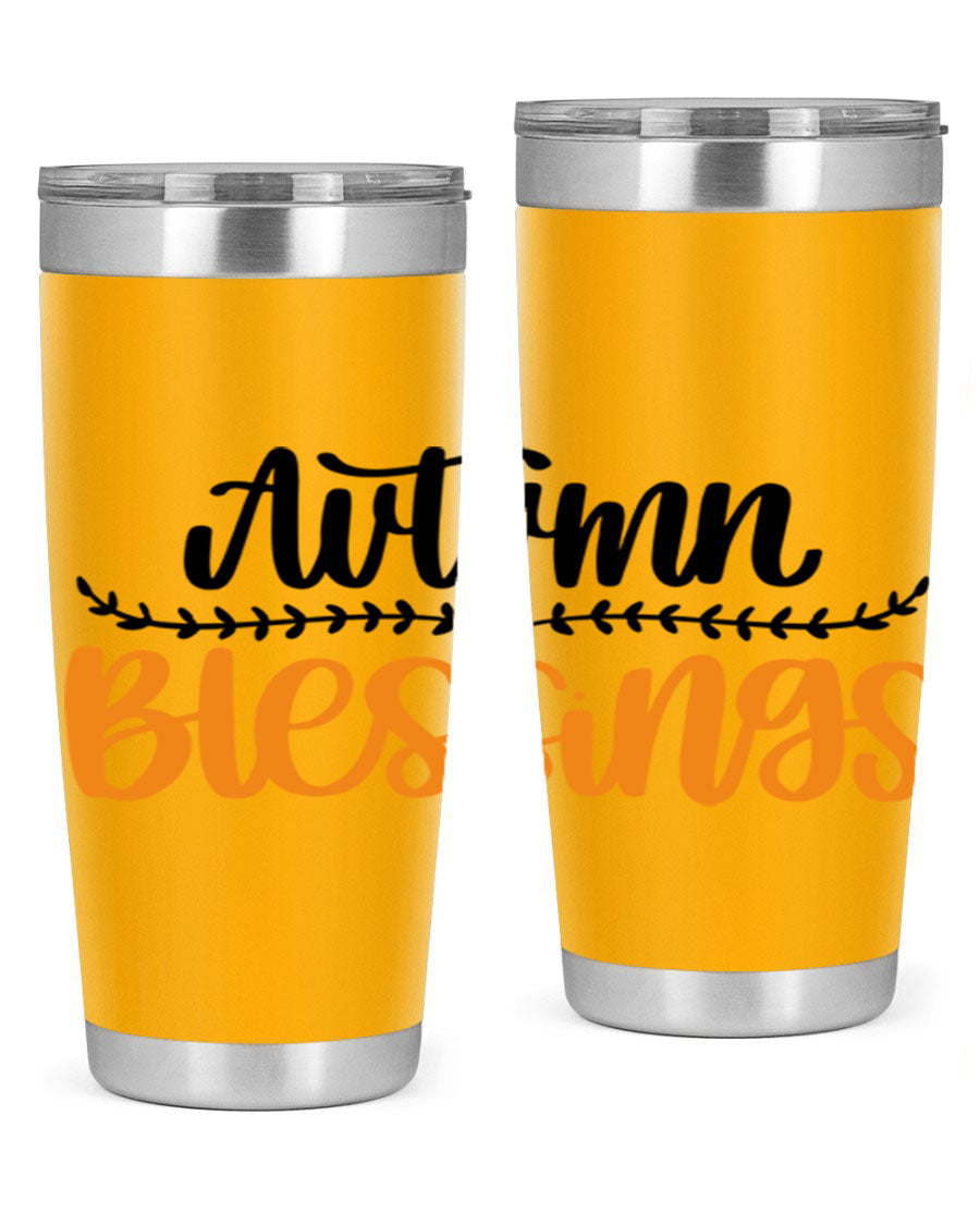 Autumn Blessings 20oz tumbler featuring a fall-themed design, made of double wall vacuum stainless steel with a copper lining.